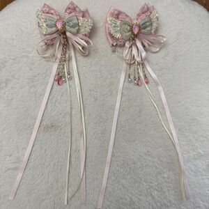 NEW Handmade Pink & White Lace Sequin Wing Hair Bow Clips 2 Pieces A Pair 3”x13”